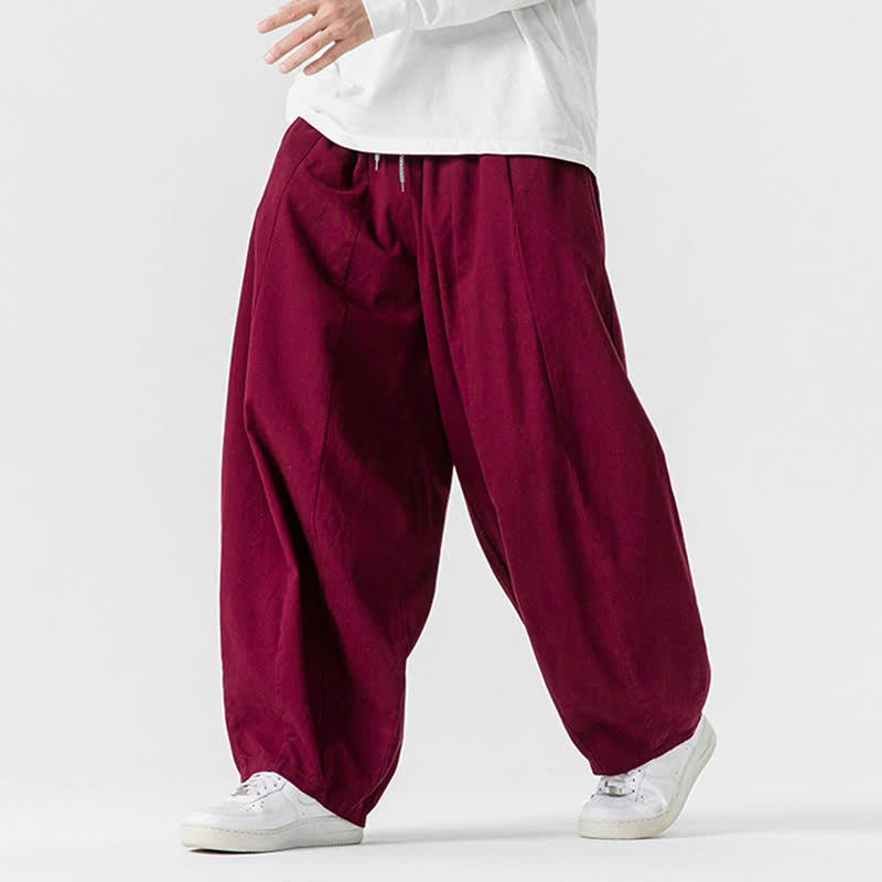 Buddha Stones Lässige, schlichte lange Herrenhose aus einfarbigem Baumwollstoff mit Kordelzug und Taschen - image 42