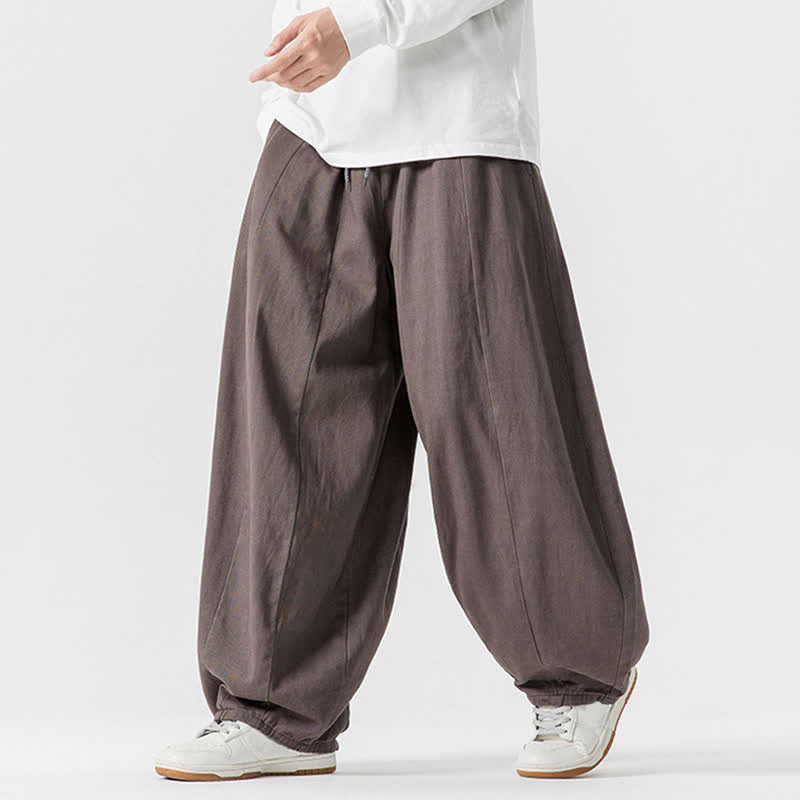 Buddha Stones Lässige, schlichte lange Herrenhose aus einfarbigem Baumwollstoff mit Kordelzug und Taschen - image 1