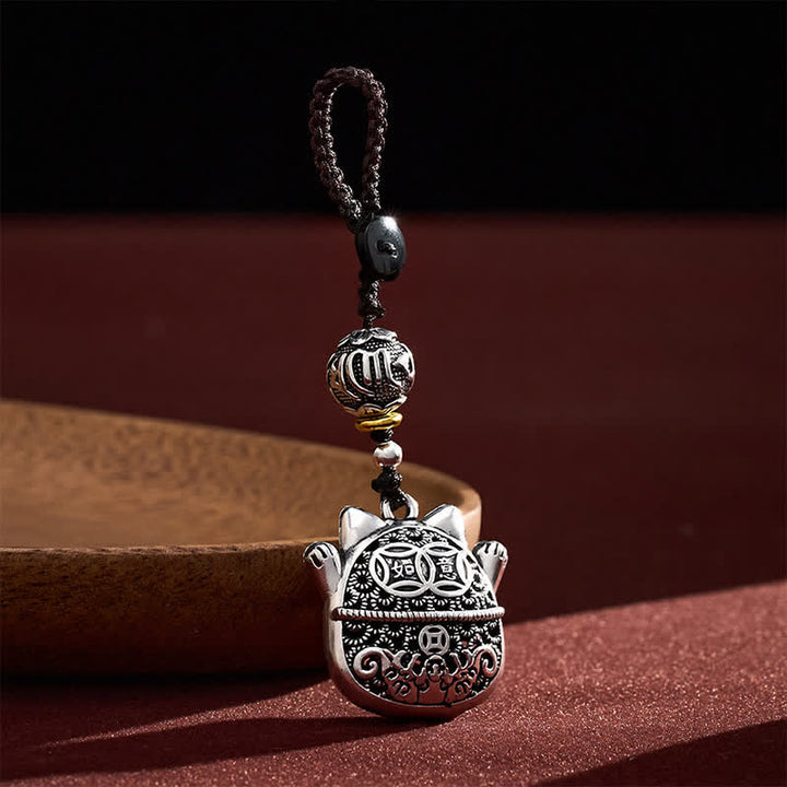 Buddha Stones Schlüsselanhänger aus graviertem Kupfer mit Fu-Figur, Glückskatze und geflochtenem Gleichgewichtsanhänger - image 2