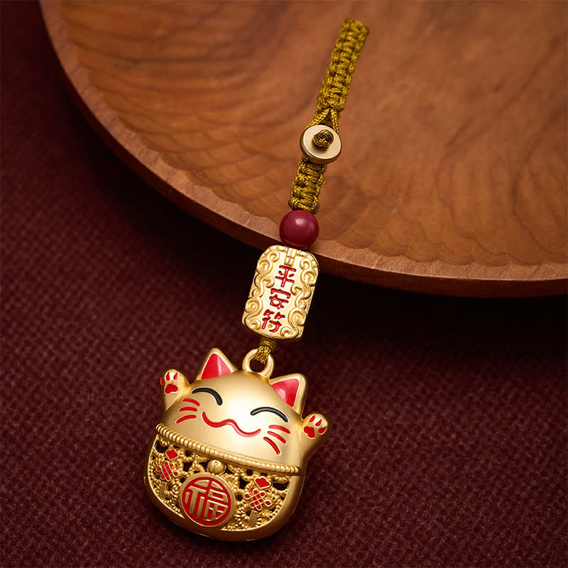 Buddha Stones Schlüsselanhänger aus graviertem Kupfer mit Fu-Figur, Glückskatze und geflochtenem Gleichgewichtsanhänger - Goldene Glückskatze - image 9