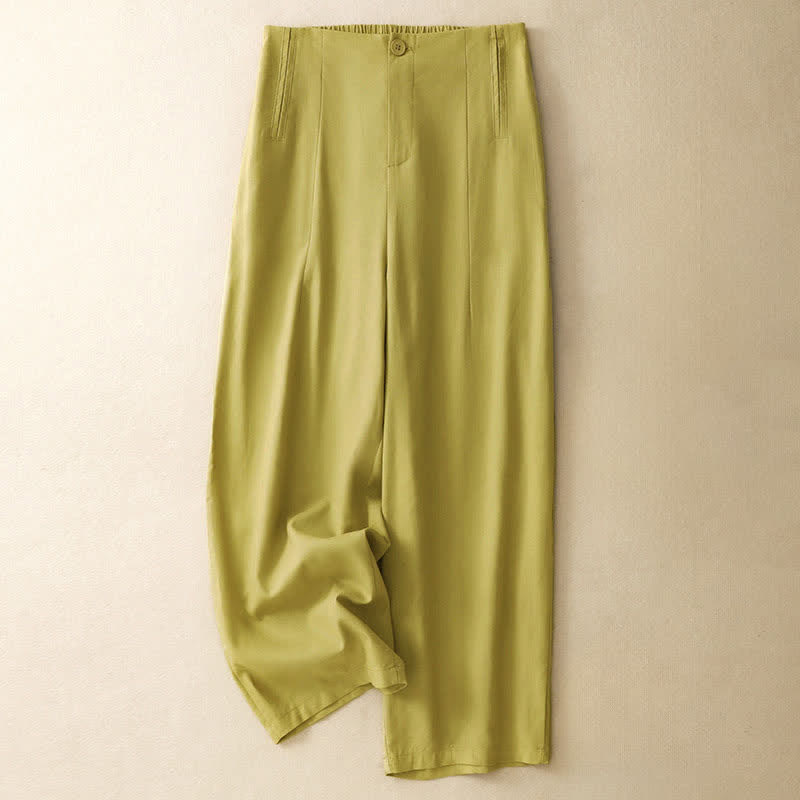 Buddha Stones Minimalistische, sommerliche Haremshose aus einfarbigem Leinen mit Knopfleiste, hohem Bund und Taschen für Damen - khaki - US12, UK/AU16, EU44 (3XL) - image 0