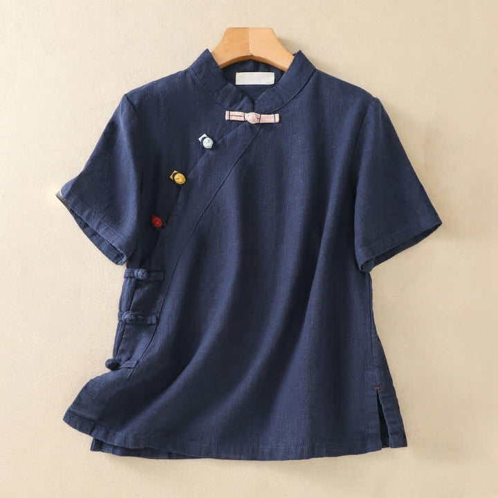 Buddha Stones Casual Plain Slant Stand Collar Collar Colorful Frog-Button Tang Suit Women's Cotton Linen Three Quarter Sleeve Shirt - Marine - US 8-10, UK/AU 12-14, EU 40-42 (2XL) - image 0