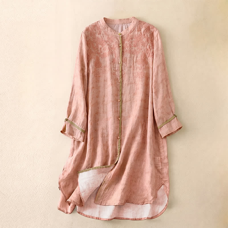 Buddha Stones Sommer-Freizeitkleid mit Stehkragen, Stickerei und Dreiviertelärmeln - Rosa - US 8-10, UK/AU 12-14, EU 40-42 (2XL) - image 22