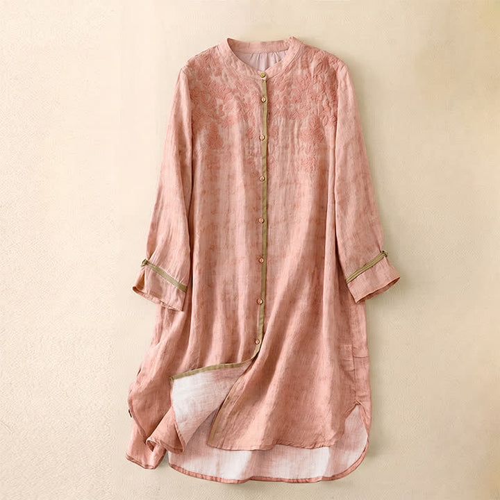 Buddha Stones Sommer-Freizeitkleid mit Stehkragen, Stickerei und Dreiviertelärmeln - Rosa - US 8-10, UK/AU 12-14, EU 40-42 (2XL) - image 22