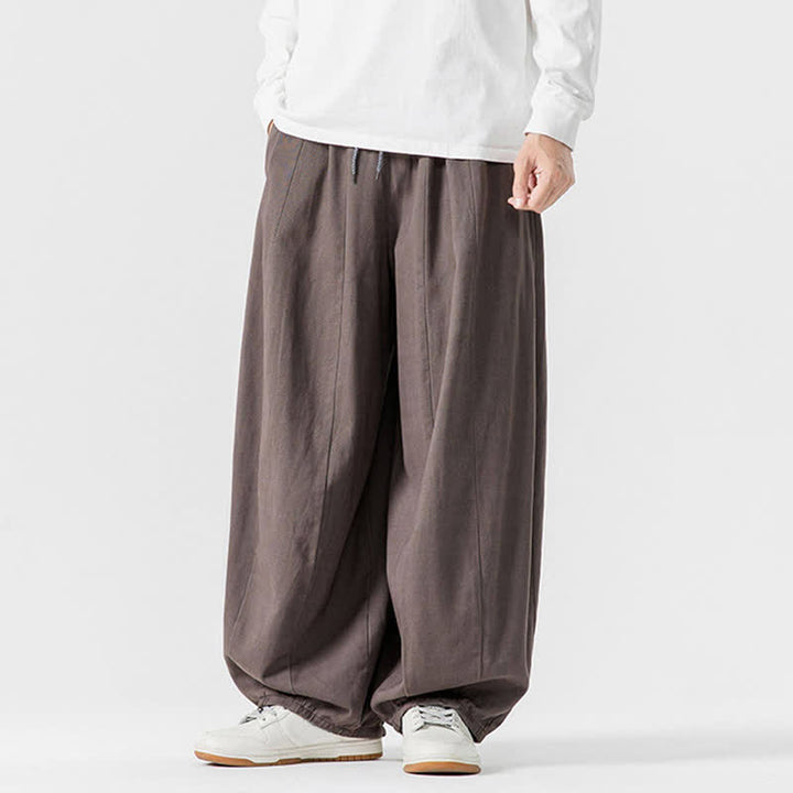 Buddha Stones Lässige, schlichte lange Herrenhose aus einfarbigem Baumwollstoff mit Kordelzug und Taschen - image 3