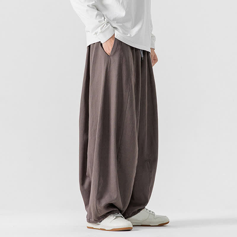 Buddha Stones Lässige, schlichte lange Herrenhose aus einfarbigem Baumwollstoff mit Kordelzug und Taschen - image 2