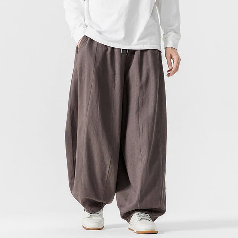 Buddha Stones Lässige, schlichte lange Herrenhose aus einfarbigem Baumwollstoff mit Kordelzug und Taschen - image 5