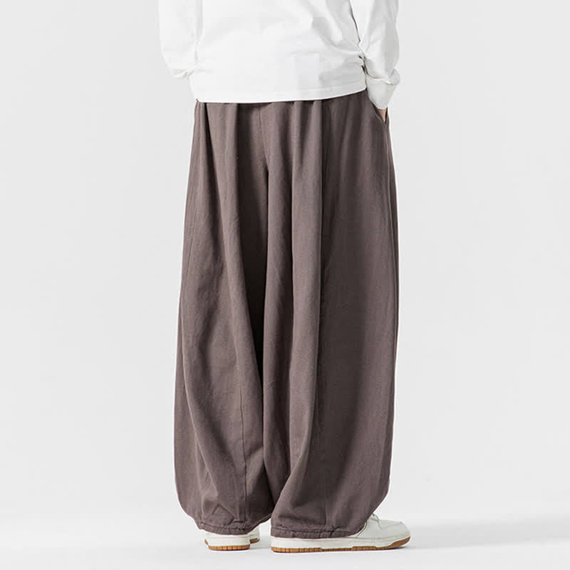 Buddha Stones Lässige, schlichte lange Herrenhose aus einfarbigem Baumwollstoff mit Kordelzug und Taschen - image 4
