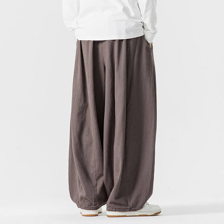 Buddha Stones Lässige, schlichte lange Herrenhose aus einfarbigem Baumwollstoff mit Kordelzug und Taschen - image 4