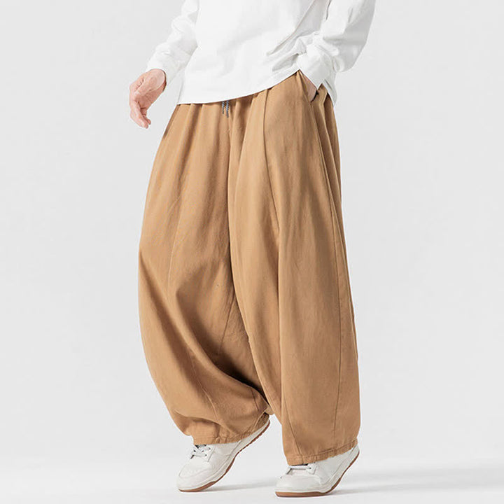 Buddha Stones Lässige, schlichte lange Herrenhose aus einfarbigem Baumwollstoff mit Kordelzug und Taschen - image 40