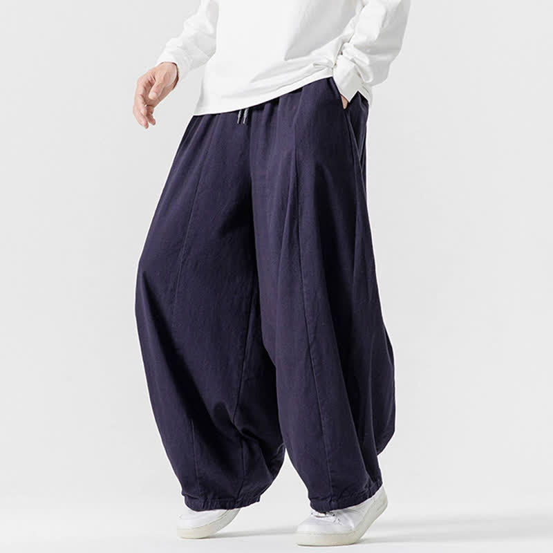 Buddha Stones Lässige, schlichte lange Herrenhose aus einfarbigem Baumwollstoff mit Kordelzug und Taschen - image 32