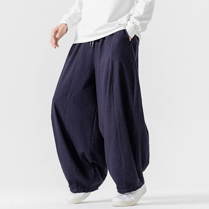 Buddha Stones Lässige, schlichte lange Herrenhose aus einfarbigem Baumwollstoff mit Kordelzug und Taschen - image 32