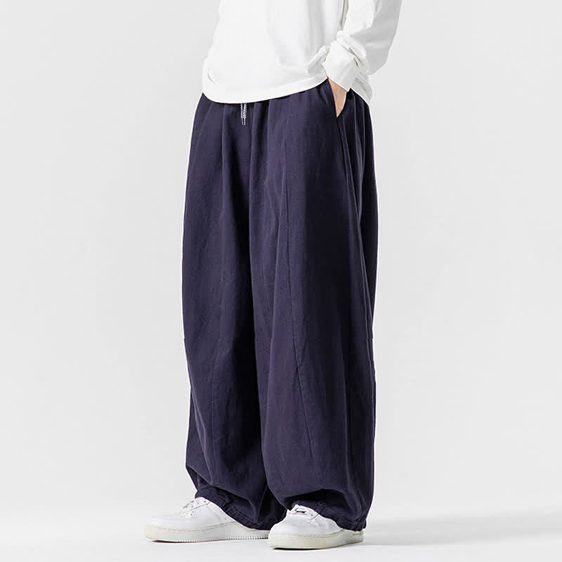 Buddha Stones Lässige, schlichte lange Herrenhose aus einfarbigem Baumwollstoff mit Kordelzug und Taschen - image 31