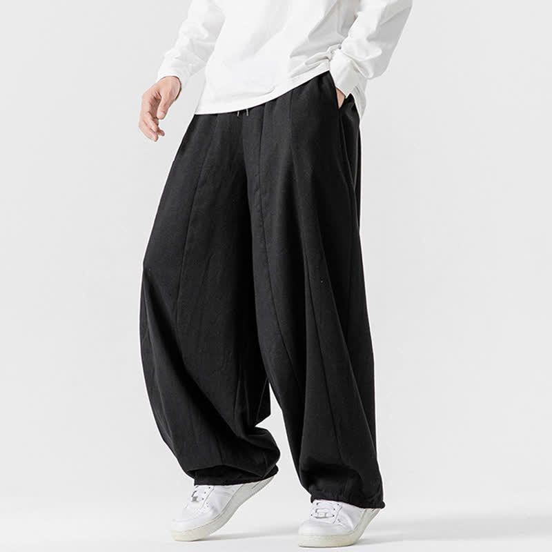 Buddha Stones Lässige, schlichte lange Herrenhose aus einfarbigem Baumwollstoff mit Kordelzug und Taschen - image 12