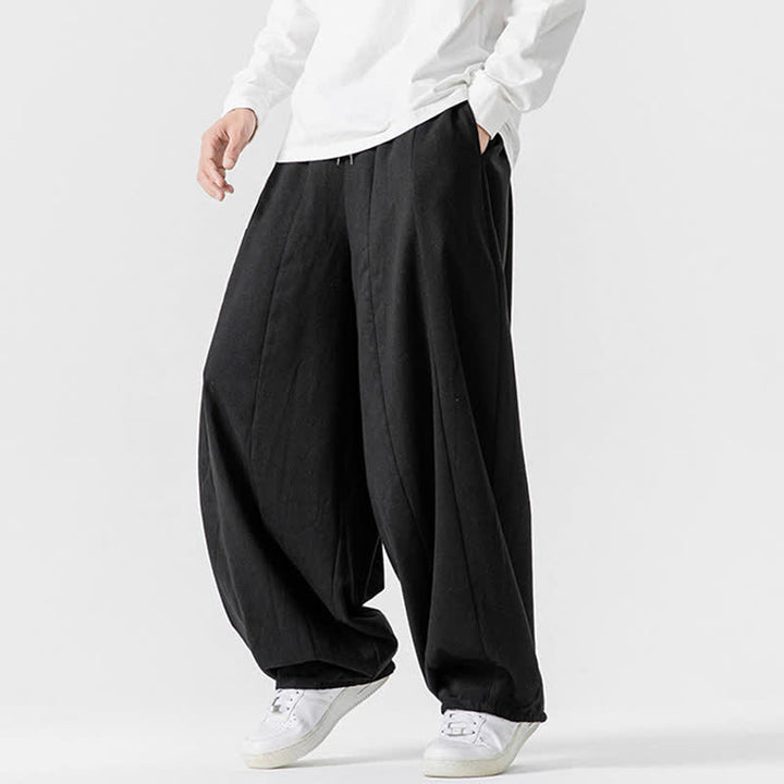 Buddha Stones Lässige, schlichte lange Herrenhose aus einfarbigem Baumwollstoff mit Kordelzug und Taschen - image 12