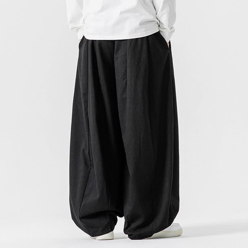 Buddha Stones Lässige, schlichte lange Herrenhose aus einfarbigem Baumwollstoff mit Kordelzug und Taschen - image 10