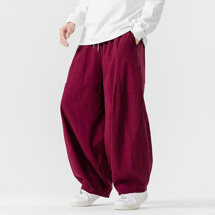 Buddha Stones Lässige, schlichte lange Herrenhose aus einfarbigem Baumwollstoff mit Kordelzug und Taschen - image 48
