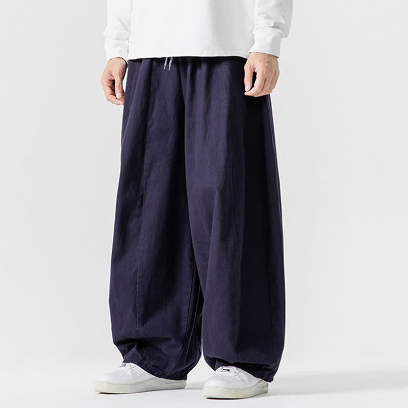 Buddha Stones Lässige, schlichte lange Herrenhose aus einfarbigem Baumwollstoff mit Kordelzug und Taschen - image 29