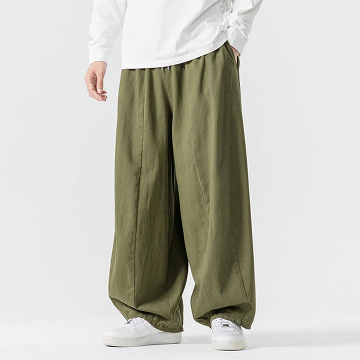 Buddha Stones Lässige, schlichte lange Herrenhose aus einfarbigem Baumwollstoff mit Kordelzug und Taschen - image 21