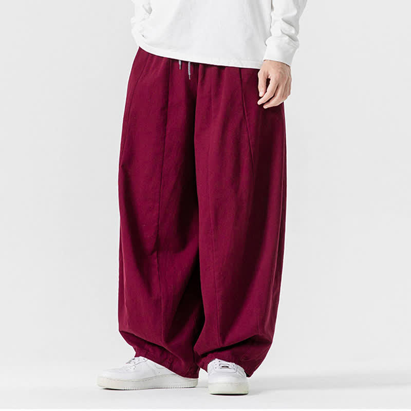 Buddha Stones Lässige, schlichte lange Herrenhose aus einfarbigem Baumwollstoff mit Kordelzug und Taschen - image 44
