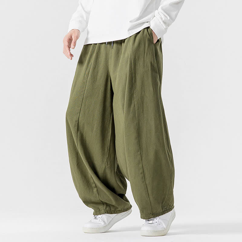 Buddha Stones Lässige, schlichte lange Herrenhose aus einfarbigem Baumwollstoff mit Kordelzug und Taschen - image 24