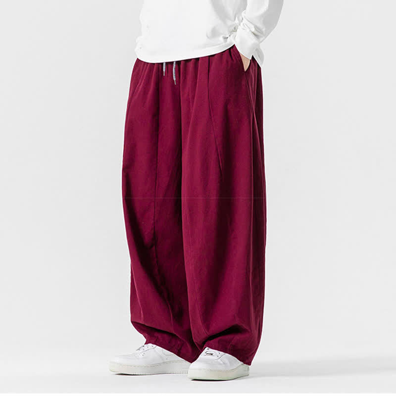 Buddha Stones Lässige, schlichte lange Herrenhose aus einfarbigem Baumwollstoff mit Kordelzug und Taschen - image 47