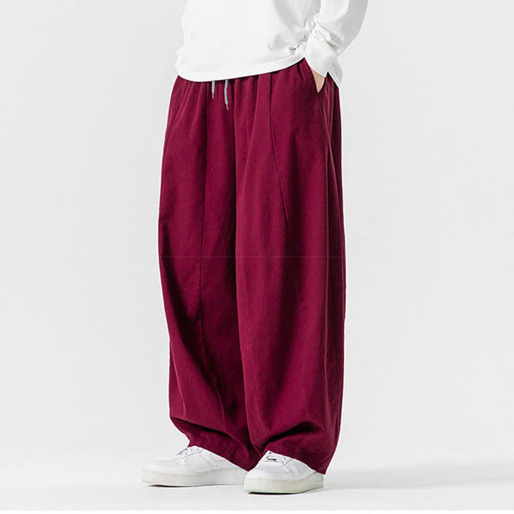 Buddha Stones Lässige, schlichte lange Herrenhose aus einfarbigem Baumwollstoff mit Kordelzug und Taschen - image 47