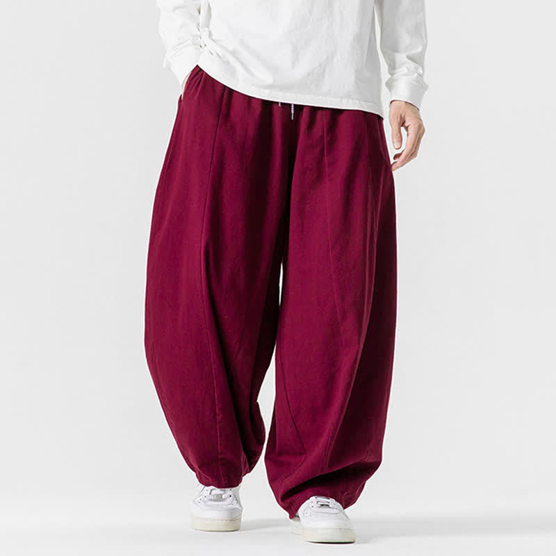 Buddha Stones Lässige, schlichte lange Herrenhose aus einfarbigem Baumwollstoff mit Kordelzug und Taschen - image 46