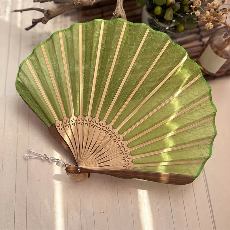 Buddha Stones Eleganter, faltbarer Bambusfächer in Muschelform mit Vintage-Netzmuster - image 9
