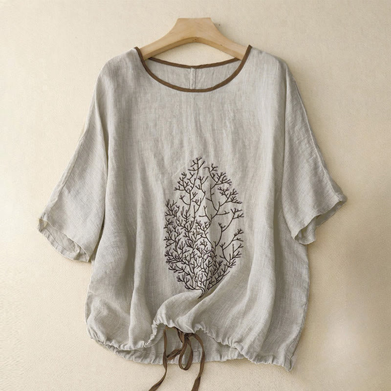 Lässiges Damen-T-Shirt mit Buddha Stones -Stickerei, Baum-Motiv, Kordelzug, Rundhalsausschnitt und halben Ärmeln - Hellgrau - Halbarm - US14, UK/AU18, EU46 (2XL) - image 0