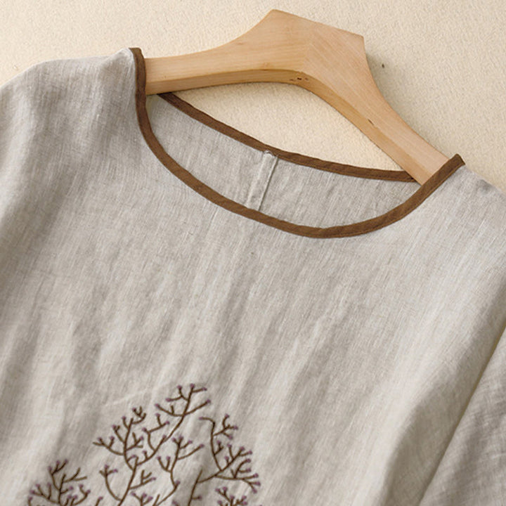 Lässiges Damen-T-Shirt mit Buddha Stones -Stickerei, Baum-Motiv, Kordelzug, Rundhalsausschnitt und halben Ärmeln - image 8