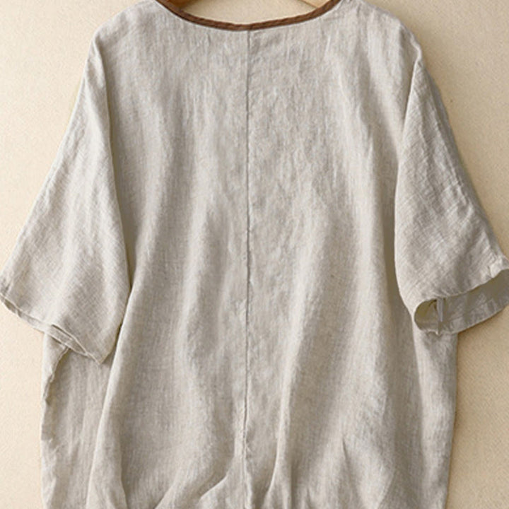 Lässiges Damen-T-Shirt mit Buddha Stones -Stickerei, Baum-Motiv, Kordelzug, Rundhalsausschnitt und halben Ärmeln - image 3