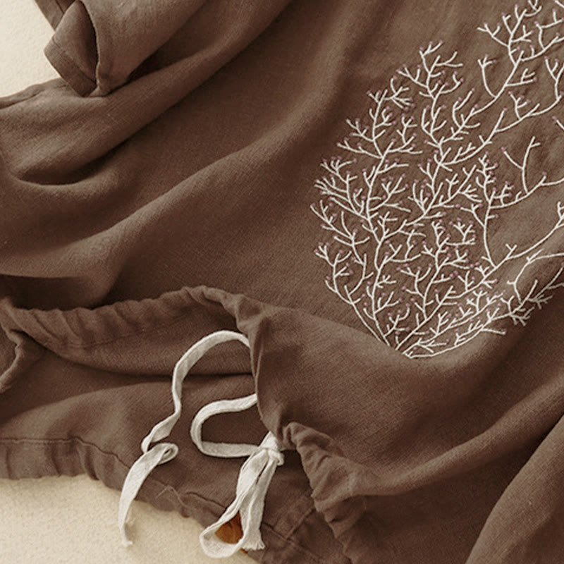 Lässiges Damen-T-Shirt mit Buddha Stones -Stickerei, Baum-Motiv, Kordelzug, Rundhalsausschnitt und halben Ärmeln - image 14