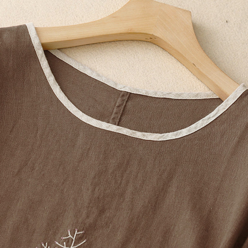 Lässiges Damen-T-Shirt mit Buddha Stones -Stickerei, Baum-Motiv, Kordelzug, Rundhalsausschnitt und halben Ärmeln - image 13