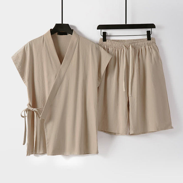 Buddha Stones 2-teiliges Sommer-Meditations-Set im Tang-Stil aus einfarbigem Baumwoll-Leinen-Meditationshemd und Shorts mit Kordelzug und Taschen - Biskuit - US/UK/AU54, EU64 (9XL) - image 9
