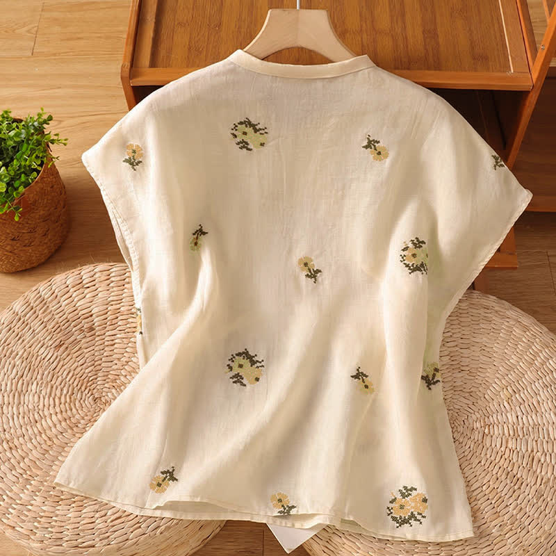 Buddha Stones Sommerliches, lässiges Tanktop im Tang-Stil mit Stehkragen und Blumenstickerei, ärmellos, Damenbluse - image 1