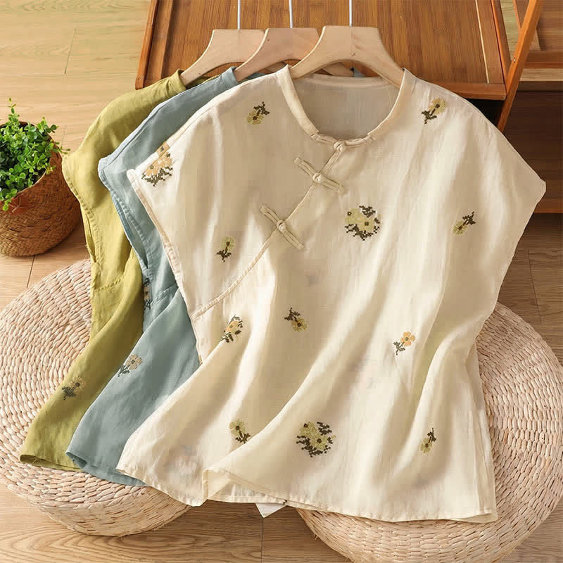 Buddha Stones Sommerliches, lässiges Tanktop im Tang-Stil mit Stehkragen und Blumenstickerei, ärmellos, Damenbluse - image 22
