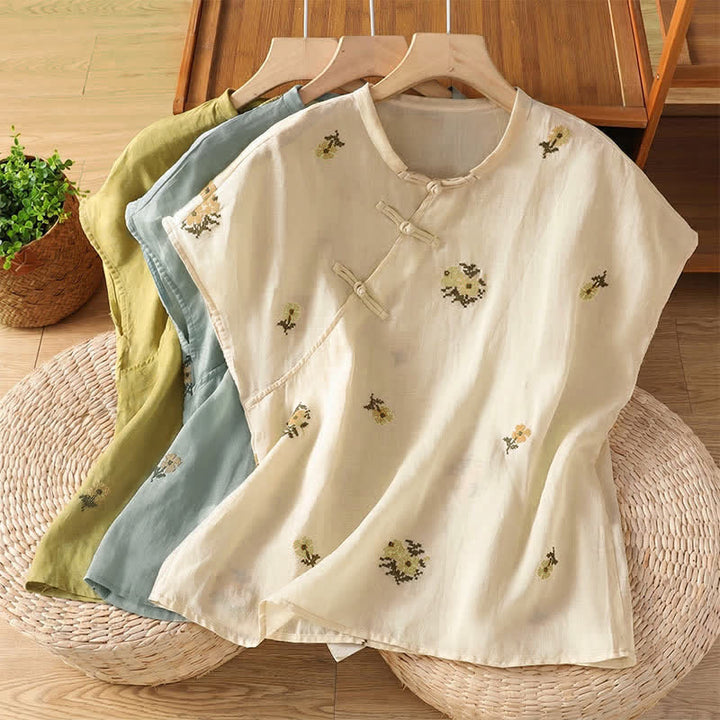 Buddha Stones Sommerliches, lässiges Tanktop im Tang-Stil mit Stehkragen und Blumenstickerei, ärmellos, Damenbluse - image 22