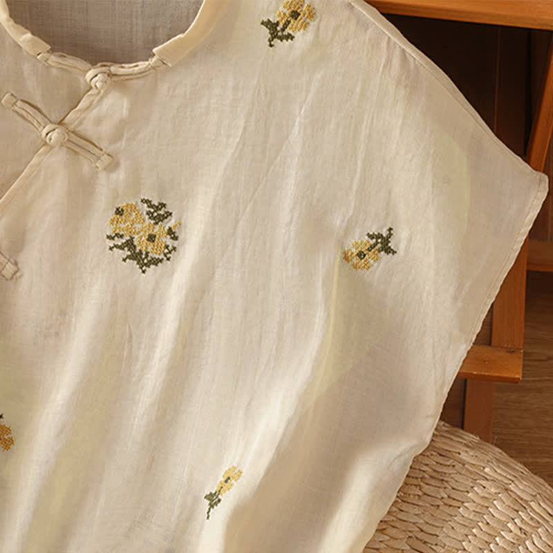 Buddha Stones Sommerliches, lässiges Tanktop im Tang-Stil mit Stehkragen und Blumenstickerei, ärmellos, Damenbluse - image 5
