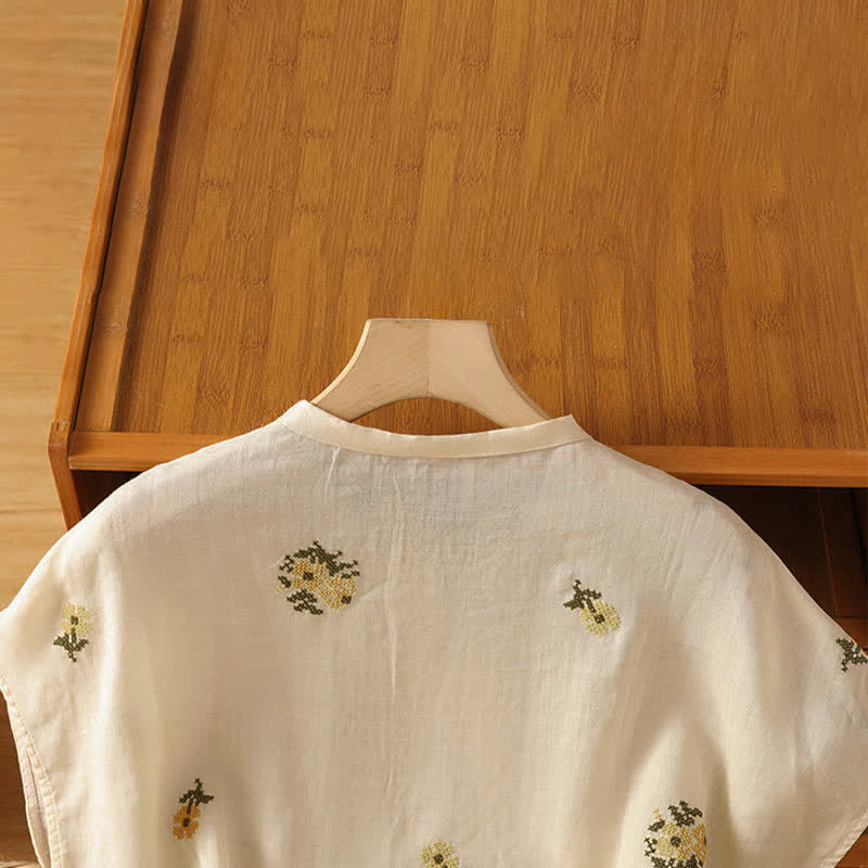 Buddha Stones Sommerliches, lässiges Tanktop im Tang-Stil mit Stehkragen und Blumenstickerei, ärmellos, Damenbluse - image 3