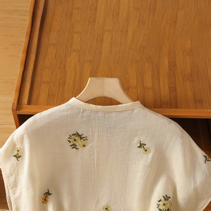 Buddha Stones Sommerliches, lässiges Tanktop im Tang-Stil mit Stehkragen und Blumenstickerei, ärmellos, Damenbluse - image 3