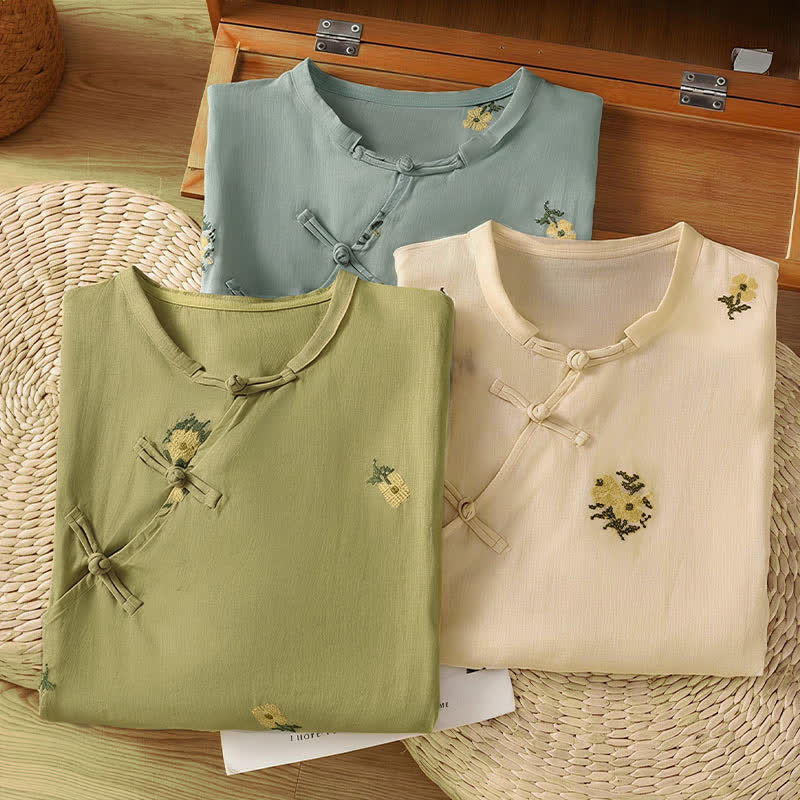 Buddha Stones Sommerliches, lässiges Tanktop im Tang-Stil mit Stehkragen und Blumenstickerei, ärmellos, Damenbluse - image 23