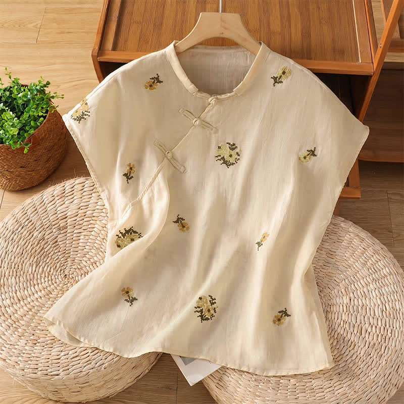 Buddha Stones Sommerliches, lässiges Tanktop im Tang-Stil mit Stehkragen und Blumenstickerei, ärmellos, Damenbluse - Beige - US12, UK/AU16, EU44 (2XL) - image 0