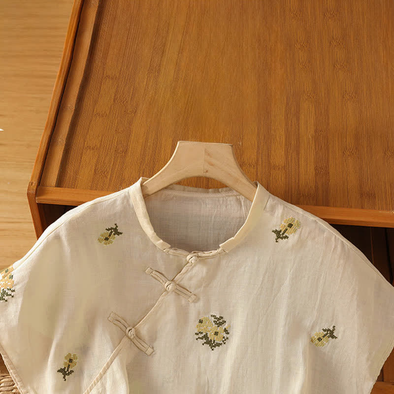 Buddha Stones Sommerliches, lässiges Tanktop im Tang-Stil mit Stehkragen und Blumenstickerei, ärmellos, Damenbluse - image 2