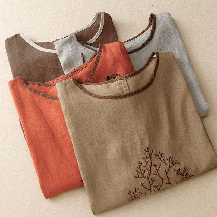 Lässiges Damen-T-Shirt mit Buddha Stones -Stickerei, Baum-Motiv, Kordelzug, Rundhalsausschnitt und halben Ärmeln - image 27