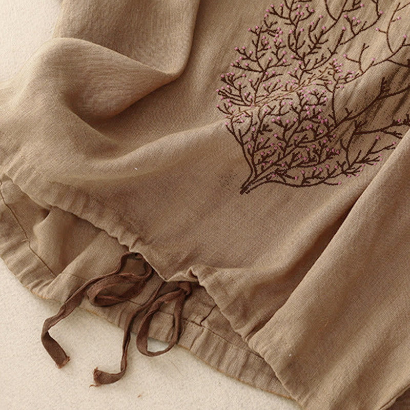 Lässiges Damen-T-Shirt mit Buddha Stones -Stickerei, Baum-Motiv, Kordelzug, Rundhalsausschnitt und halben Ärmeln - image 16