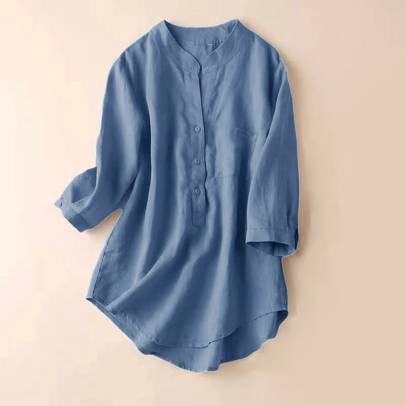 Buddha Stones Lässiges Damen-Shirt mit V-Ausschnitt und Dreiviertelärmeln, einfarbig, aus Baumwolle und Leinen - Hellstahlblau - US12, UK/AU16, EU44 (3XL) - image 0