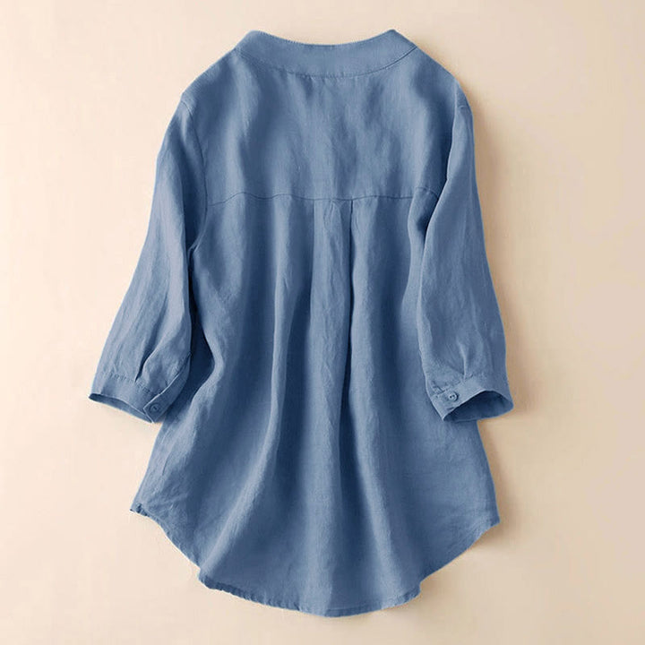 Buddha Stones Lässiges Damen-Shirt mit V-Ausschnitt und Dreiviertelärmeln, einfarbig, aus Baumwolle und Leinen - image 2