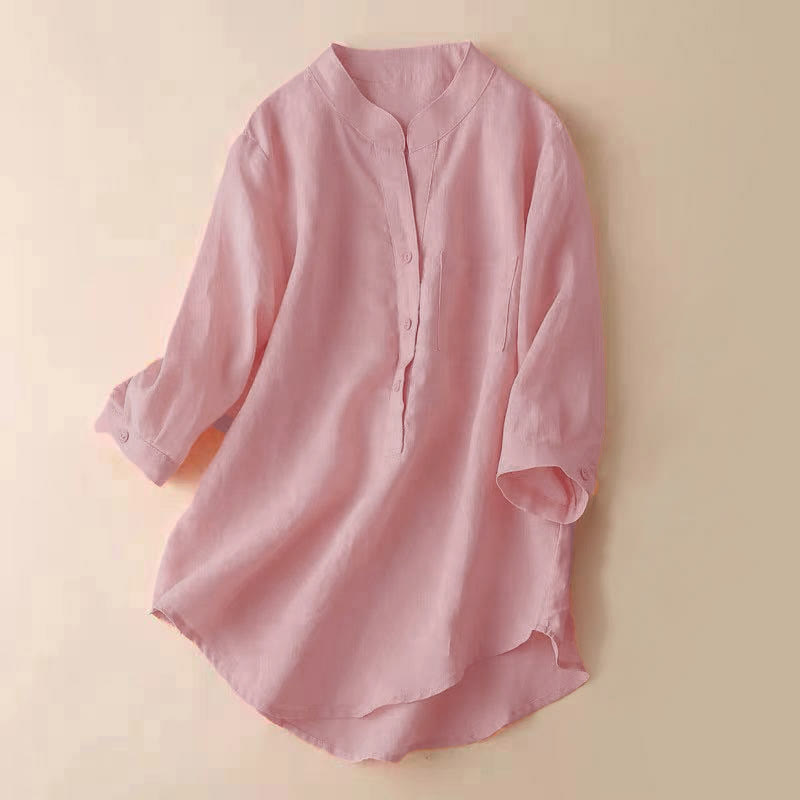 Buddha Stones Lässiges Damen-Shirt mit V-Ausschnitt und Dreiviertelärmeln, einfarbig, aus Baumwolle und Leinen - 	Lachs - US12, UK/AU16, EU44 (3XL) - image 7