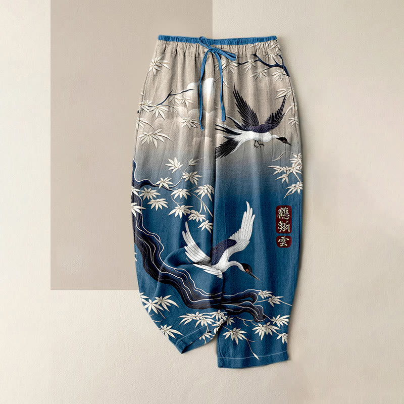 Buddha Stones Elegante Damenhose aus reiner Baumwolle mit Kranich- und Bambusmuster, elastischem Bund und Taschen - SteelBlue - US16, UK/AU20, EU48 (3XL) - image 0